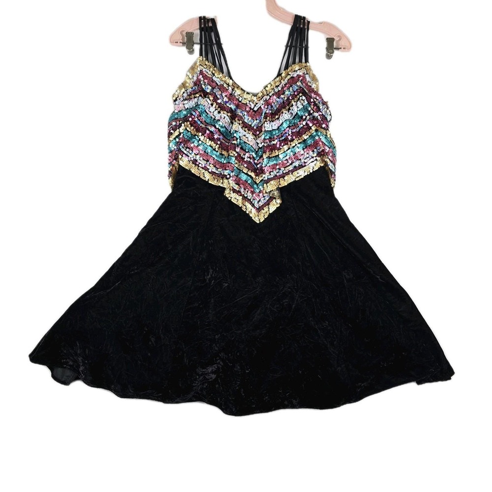 Vintage Jump 90s Sequin Velvet Mini Dress Black Multi Color Chevron Size 7/8